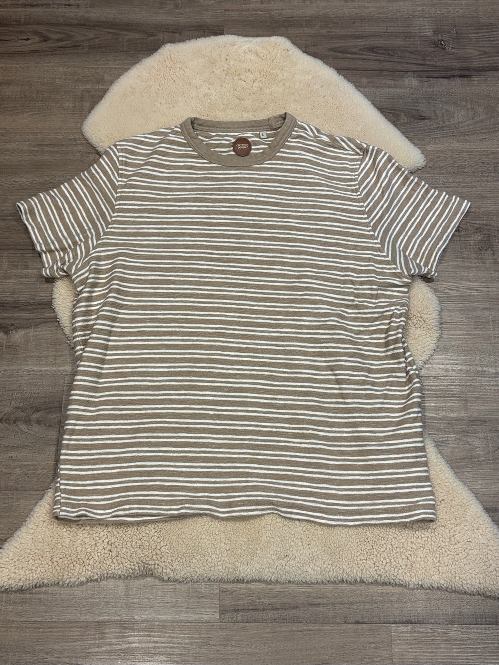 Common People tee, tan and white stripes, men’s large